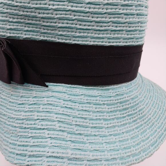 Rike's Light Blue Teal Woven Paper Straw Summer Hat with Black Ribbon Bow Accent - Picture 3 of 10
